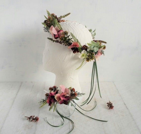 Handmade Pink Burgundy Flower Crown, Woodland Bridal Headband - Etsy