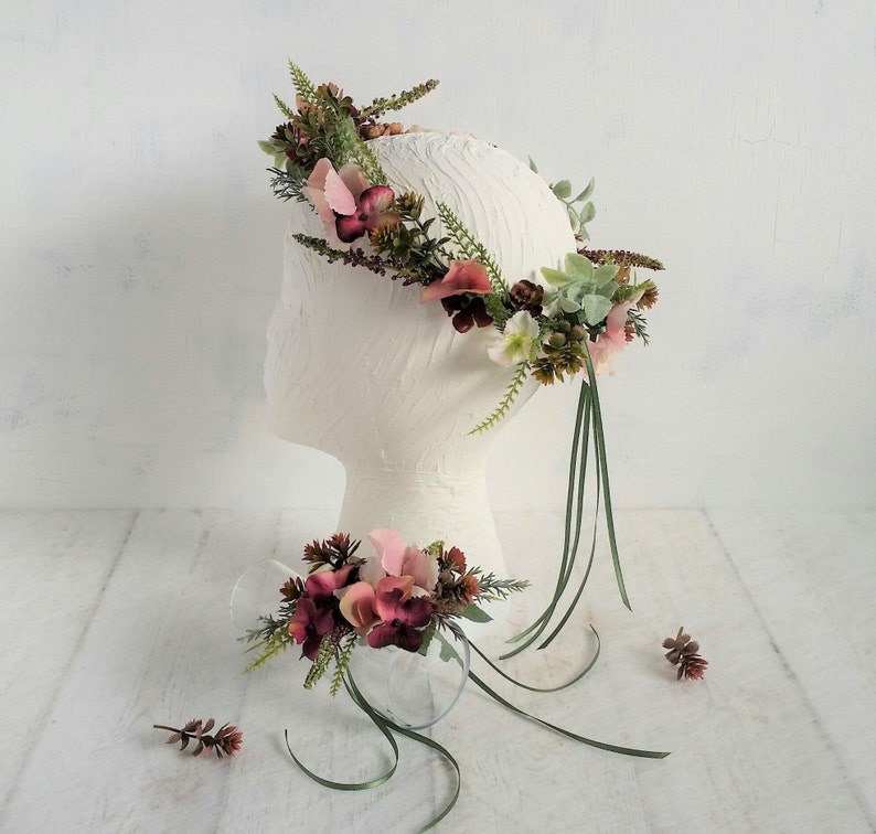 Pink and grey flower crown Woodland flower crown Pretty plum flower crown Bridal flower crown Bohemian headband Wedding floral crown Blush Flower Crown