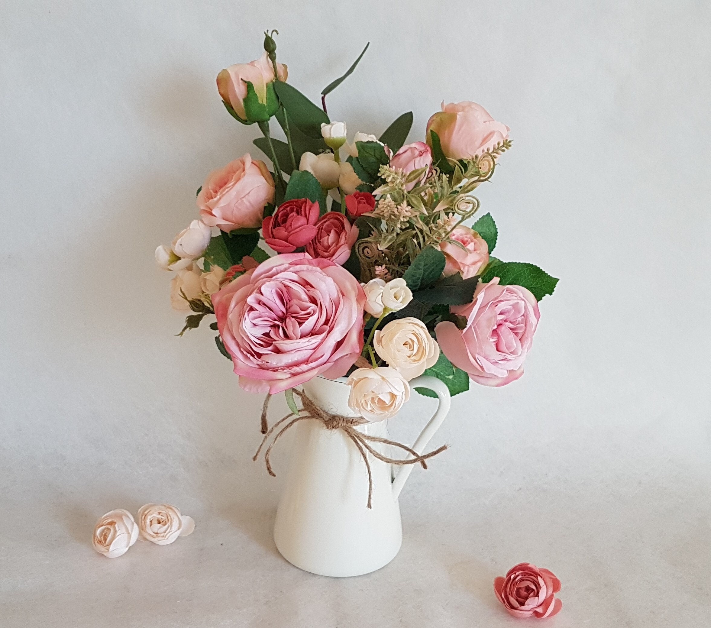 Pretty Vase of Artificial Flowers in Small White Ceramic Jug Floral  Arrangement Pink Peach Yellow Green Faux Flowers Country Style Pastel 
