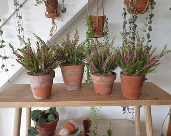 Faux pink heather plant in vintage terracotta pot: Artificial Indoor Plant