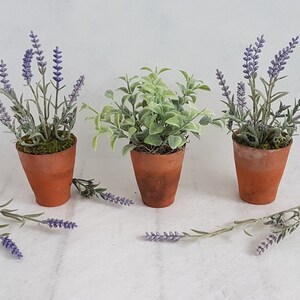 May include: Three terracotta pots with faux plants. Two pots contain lavender plants with purple flowers and green leaves. The third pot contains a green leafy plant.