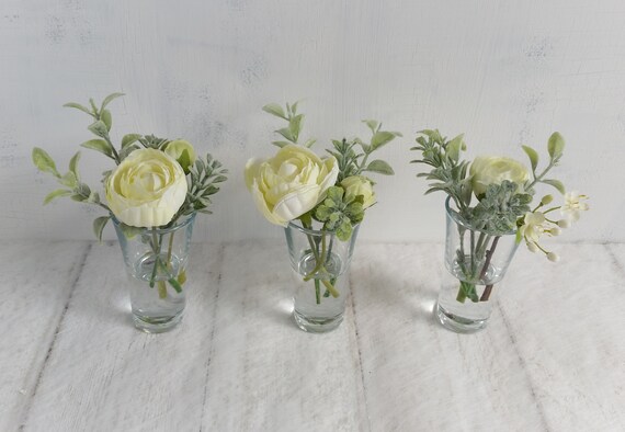 Trio Cream Silk Ranunculus In Small Glass Vases Pretty Flower Etsy
