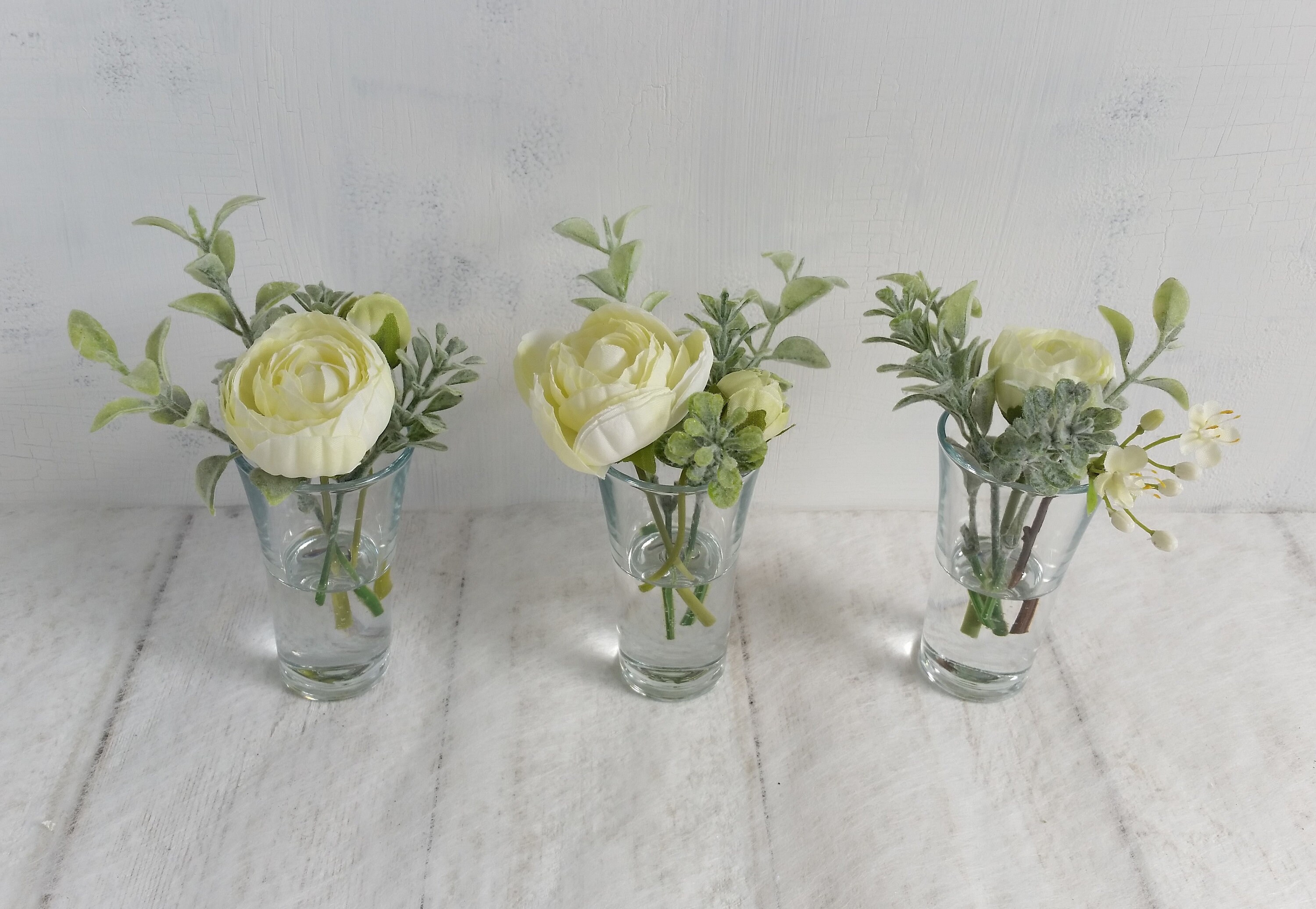 Trio Cream Silk Ranunculus In Small Glass Vases Pretty Flower Etsy