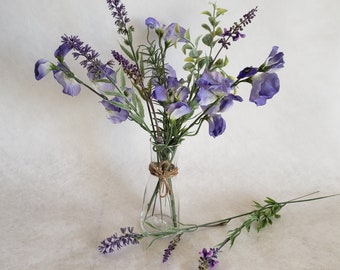 Blue sweet peas & purple lavender in glass vase Pretty artificial flowers Floral arrangement Pink Purple Blue Faux flowers in small vase