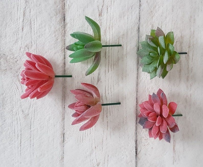 May include: Five artificial succulent plants with green and pink leaves. The plants are on a white wooden background.