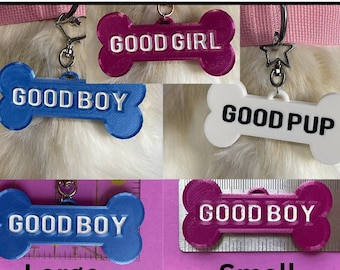Furry Collar Tag Good boy Girl Pup 2 Sizes with Clip