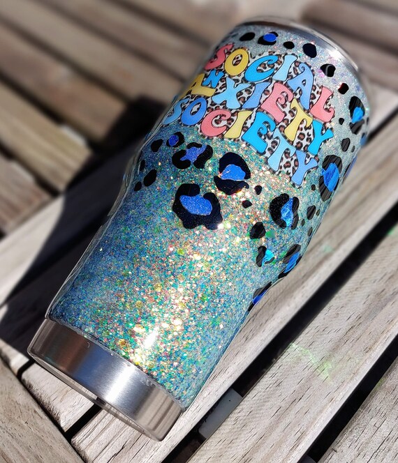 Social Anxiety Society shimmer leopard print design, Epoxy Cleared 30 oz stainless steel tumbler (Ready to Ship NOW)