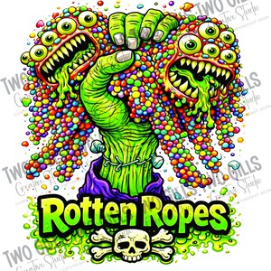 Pode incluir: Um gráfico vibrante com uma mão verde segurando duas criaturas grotescas, com vários olhos e bocas abertas. As criaturas estão pingando gosma verde e são cercadas por orbes coloridos. As palavras "Rotten Ropes" são exibidas em uma fonte verde arrojada, com uma caveira e ossos cruzados abaixo.