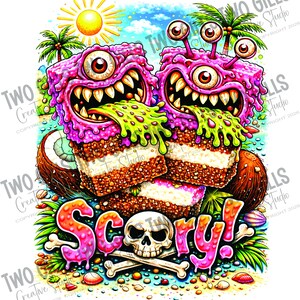 May include: A vibrant illustration features two pink, monster-like creatures with large eyes and sharp teeth, spewing green slime over layered desserts. The word "Scary!" is written in colorful graffiti style, with a skull and crossbones. Palm trees and coconuts are also present.