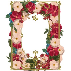 Biglietto d'auguri romantico d'epoca. Stile Liberty. Cornice di fiori e foglie. Copertina, modello, etichetta, stampa. Elemento decorativo. Matrimonio, anniversario