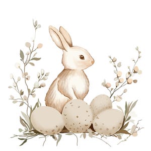 Biglietto di auguri di Pasqua con coniglio, uova di Pasqua e fiori. Clipart in colori neutri. Biglietto per occasioni speciali