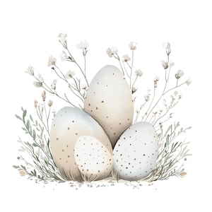 Biglietto di auguri pasquale con uova di Pasqua e fiori. Clipart in colori neutri. Biglietto per occasioni speciali