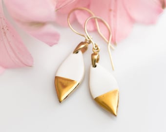 Gold drop earrings Gold dipped jewelry White and gold jewelry White stone earrings Gold dangle earrings Porcelain earrings Ceramic earrings