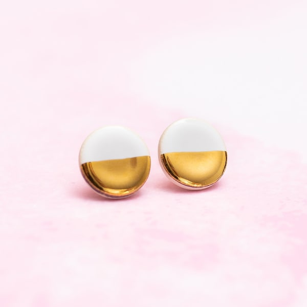 TINY / MEDIUM / BIG white and gold earrings Porcelain jewelry Ceramic jewelry Ceramic earrings Mini stud earrings tiny porcelain earrings