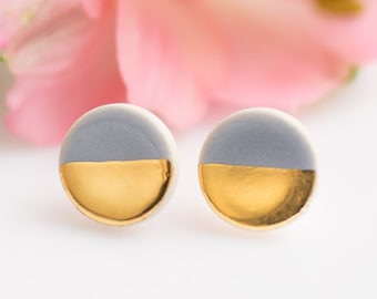 Gold earrings Gray earrings Gray and yellow jewelry ceramic earrings gold dipped earrings Big stud earrings golden silver Porcelain jewelry