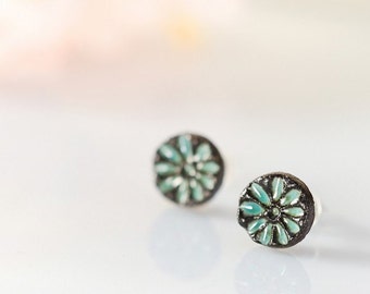 Tiny flower earrings Mini studs 8mm 0.3" Ceramic stud earring sterling silver post Turquoise flowers Tiny flowers turquoise and brown studs