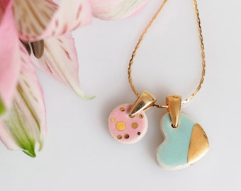 Mint green necklace Porcelain necklace Pink and mint and gold Delicate necklace Pastel necklace Mint charm Mint and pink earring bridesmaid