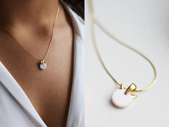 Cat Necklace Pendant Gold Plated Ceramic - Gold Cat Pendant Necklace