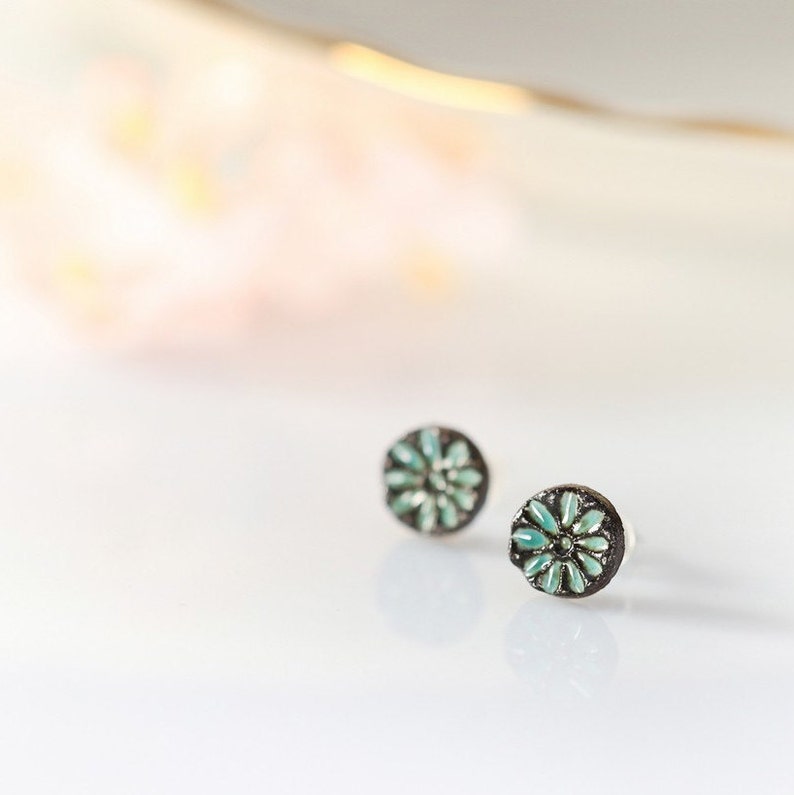 Tiny flower earrings Mini studs 8mm 0.3 Ceramic stud earring sterling silver post Turquoise flowers Tiny flowers turquoise and brown studs image 1