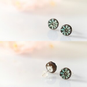 Tiny flower earrings Mini studs 8mm 0.3 Ceramic stud earring sterling silver post Turquoise flowers Tiny flowers turquoise and brown studs image 4