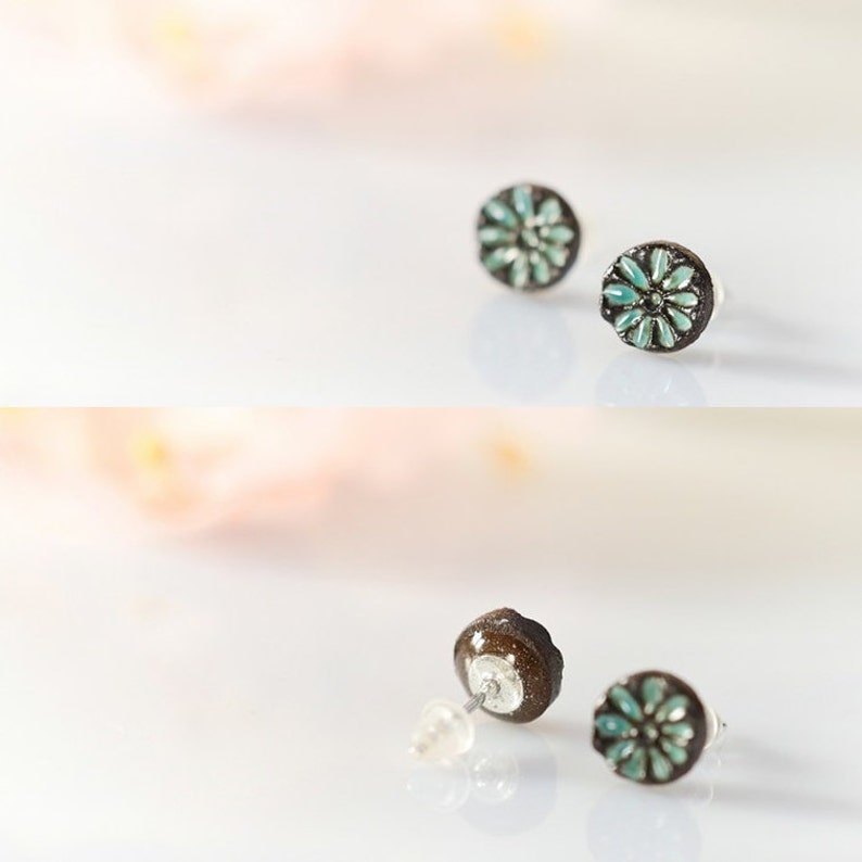 Tiny flower earrings Mini studs 8mm 0.3 Ceramic stud earring sterling silver post Turquoise flowers Tiny flowers turquoise and brown studs image 4