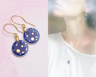 Starry night earrings Navy blue and gold earrings dangle Porcelain earrings Gold and navy earrings gold Constellation earrings pantone blue