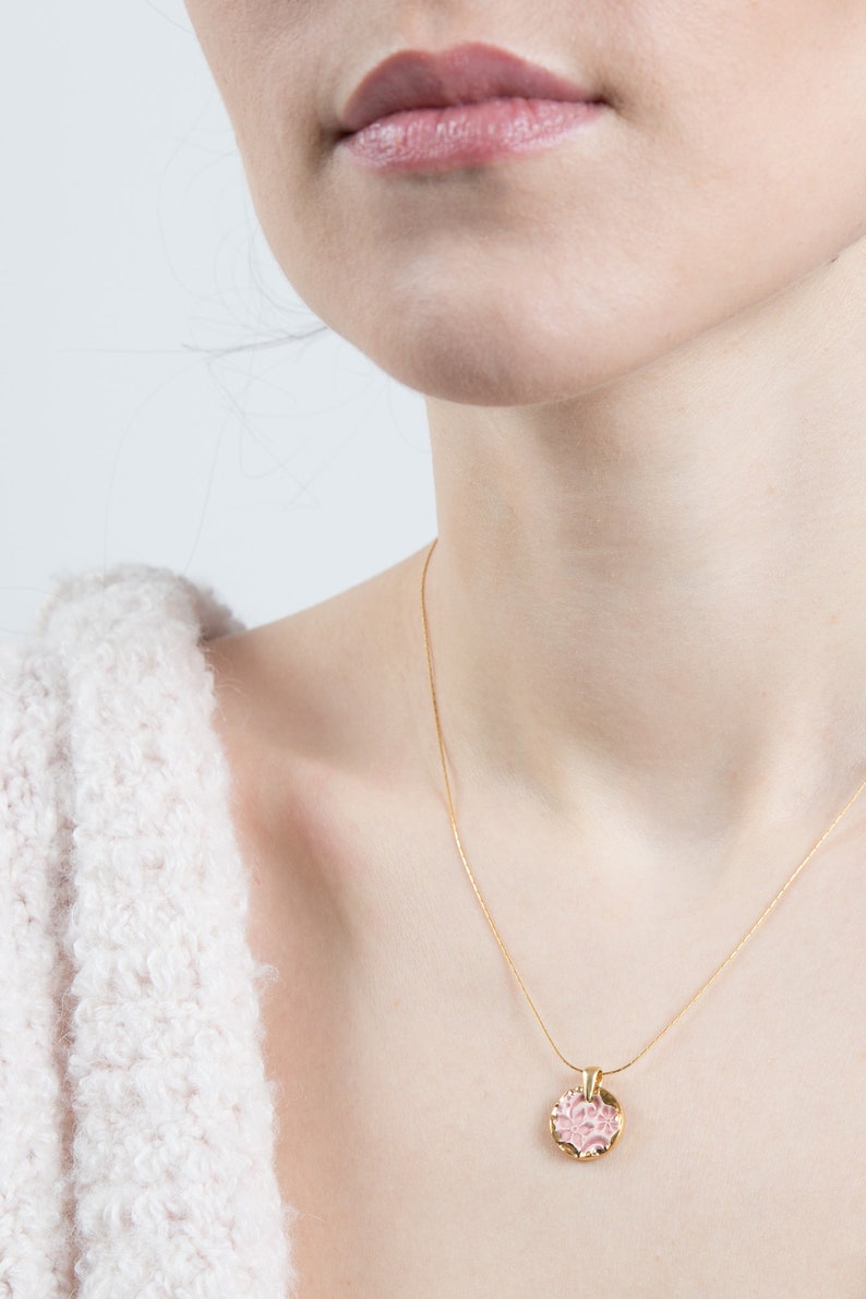 Pink Flower Necklace Pink Flower Jewelry Pink and Gold Etsy