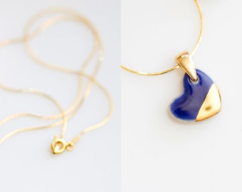 Blue heart necklace Small heart necklace Blue and gold heart Navy blue necklace Heart pendant necklace Ceramic necklace Pantone classic blue