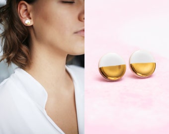 Gold dipped stud White and gold jewelry Gold round earrings Tiny stud earrings White stud earrings Ceramic earrings White gold earring