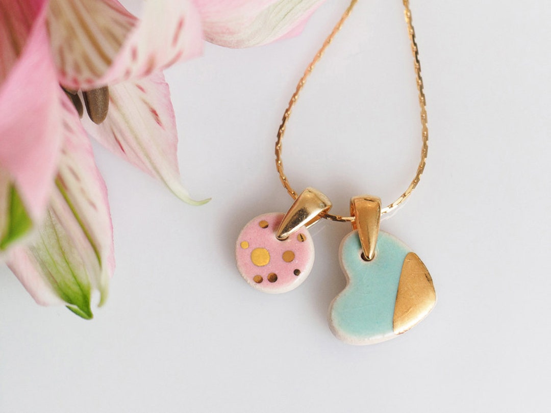 Mint Green Necklace Porcelain Necklace Pink and Mint and Gold Delicate ...