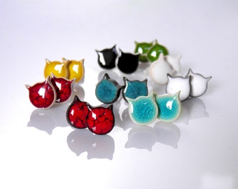 Cat stud earrings Cat earrings Ceramic earrings Black cat earrings White cat