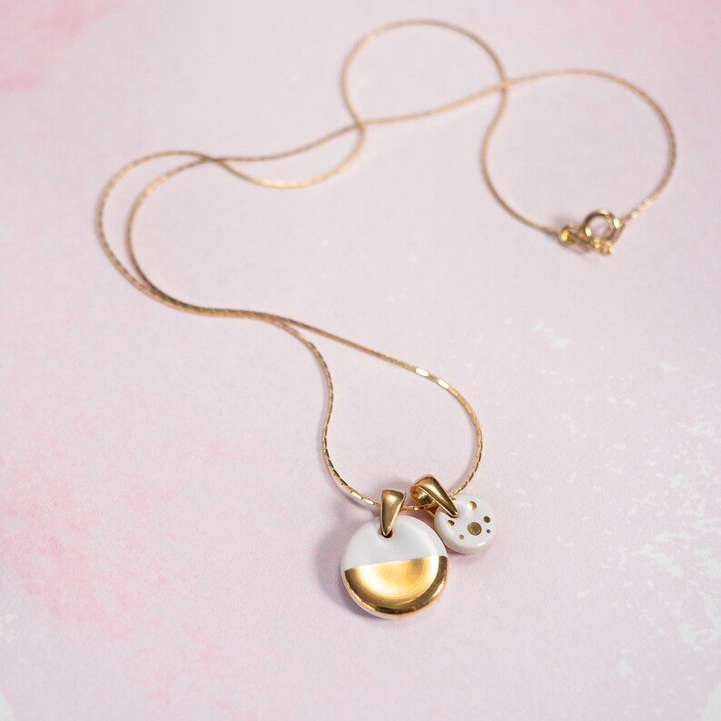 Double charm necklace White and gold pendant necklace Ceramic Etsy