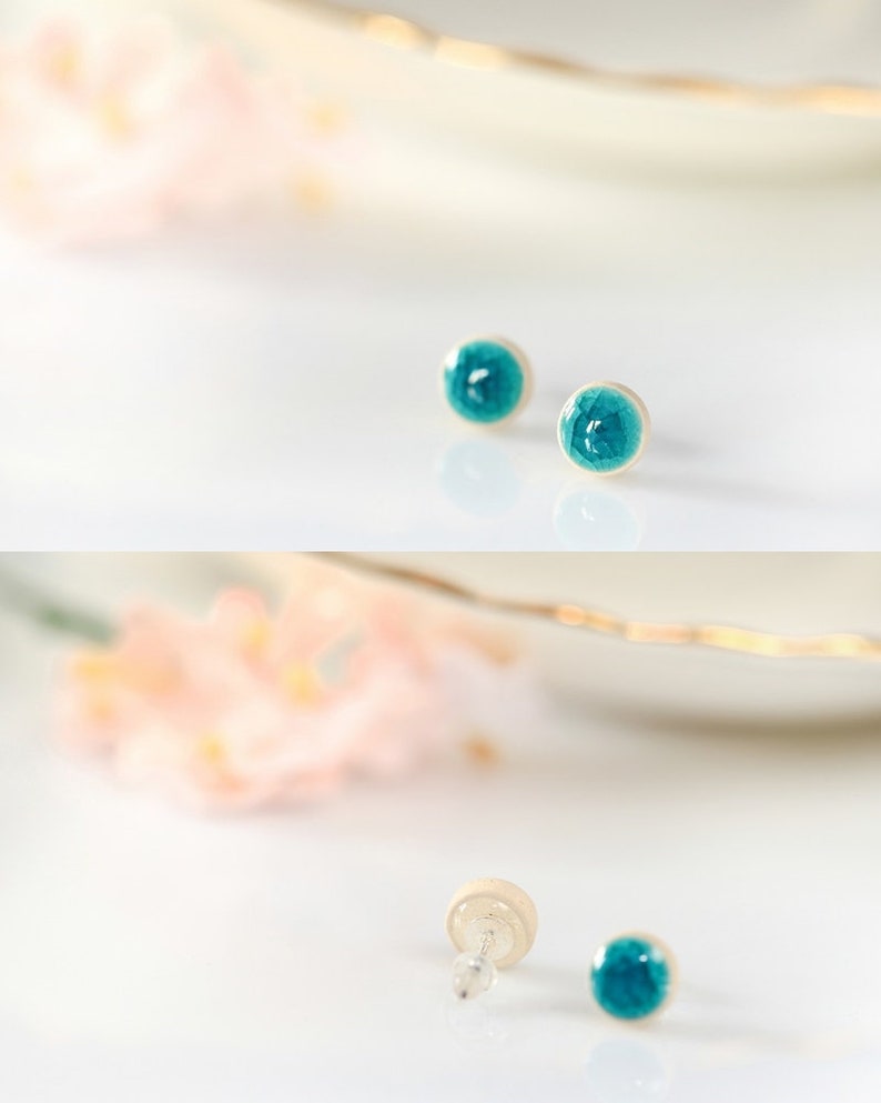 Turquoise stud earring Clay earrings handmade studs Ceramic jewelry Mini post Tiny Small Big posts sterling silver Ceramics and Pottery zdjęcie 4