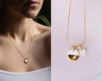 Double charm necklace White and gold pendant necklace Ceramic necklace Two pendant necklace Porcelain necklace Delicate necklace gold plated