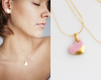 Collar colgante de corazón rosa Collar chapado en oro Collar rosa rubor Collares de corazón rosa Joyería de porcelana Joyería de dama de honor Corazón de cerámica