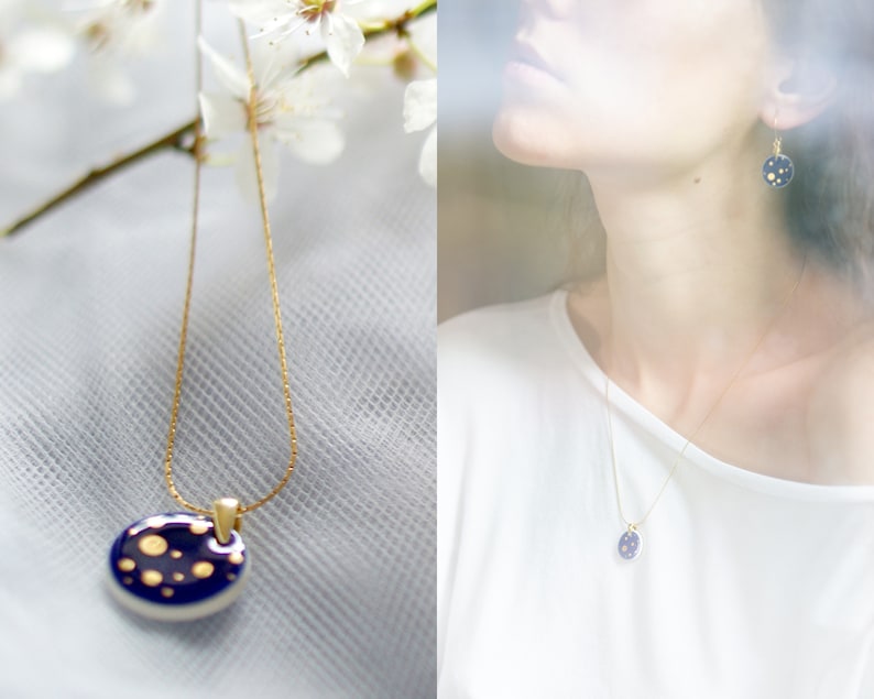 Navy and gold necklace Ceramic necklace Gold and navy necklace Starry night necklace Porcelain necklace gold constellation celestial MIOO image 1