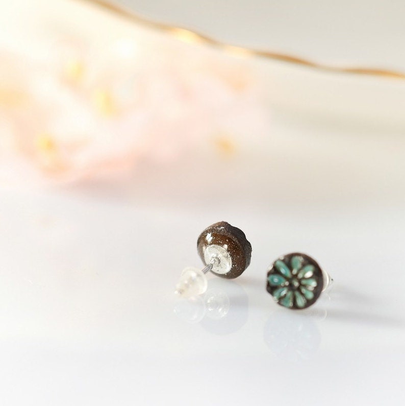 Tiny flower earrings Mini studs 8mm 0.3 Ceramic stud earring sterling silver post Turquoise flowers Tiny flowers turquoise and brown studs image 2