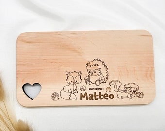 Kinder Frühstücksbrett "Waldfest" Tiere personalisiert mit Name, Geschenk Geburt, Baby, Frühstücksbrettchen, Babygeschenk Geburt