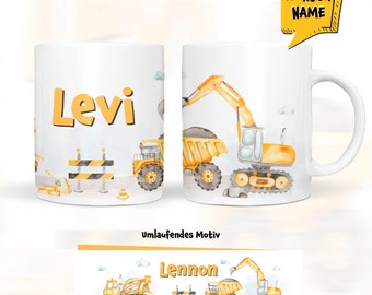 Bagger Tasse personalisiert mit Name, Keramik Tasse Kinder, Geschenk für Kinder mit Personalisierung, Baustelle Tasse, KT2001