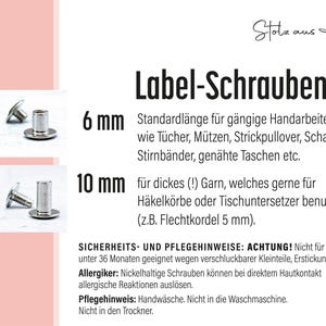 May include: Silver-coloured metal label screws with a flat head and threaded post. The image displays two sizes, 6 mm and 10 mm, alongside text detailing usage for crafts like scarves and hats, plus safety warnings regarding small parts and nickel.