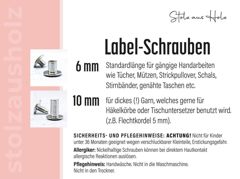 May include: Silver-coloured metal label screws with a flat head and threaded post. The image displays two sizes, 6 mm and 10 mm, alongside text detailing usage for crafts like scarves and hats, plus safety warnings regarding small parts and nickel.