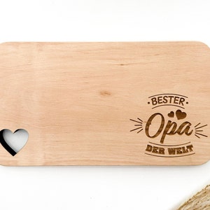 Breakfast board with engraving Bester Opa der Welt approx. 22x12 cm, Heart Cutout Laser engraved Board image 1