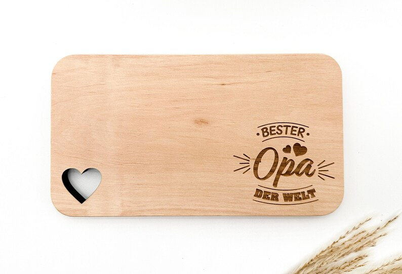 Breakfast board with engraving Bester Opa der Welt approx. 22x12 cm, Heart Cutout Laser engraved Board image 1