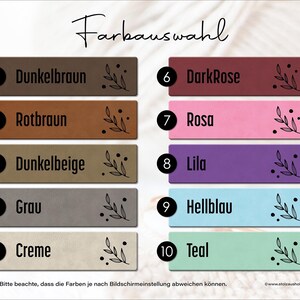 May include: A colour selection chart titled Farbauswahl featuring ten rectangular swatches labelled 1 through 10. Colours include dark brown, reddish-brown, dark beige, grey, cream, dark rose, pink, purple, light blue, and teal, each with a leaf icon.