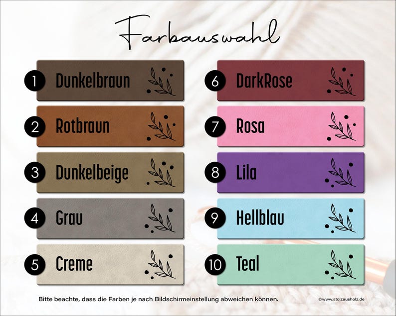 May include: A colour selection chart titled Farbauswahl featuring ten rectangular swatches labelled 1 through 10. Colours include dark brown, reddish-brown, dark beige, grey, cream, dark rose, pink, purple, light blue, and teal, each with a leaf icon.