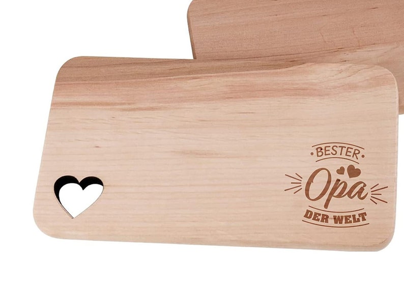 Breakfast board with engraving Bester Opa der Welt approx. 22x12 cm, Heart Cutout Laser engraved Board image 3