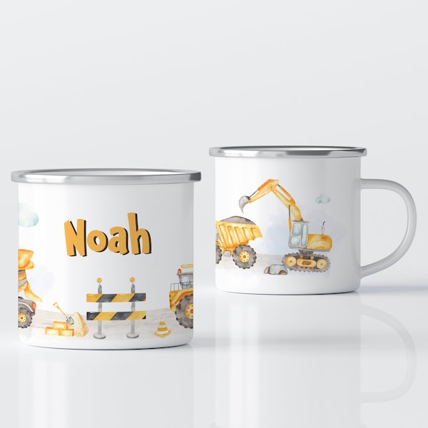 Enamel mug personalized with name, mug excavator, gift for children with personalization, construction site mug,