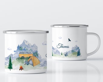 Enamel mug / camping mug with personalization / mug personalized on both sides / camper mug