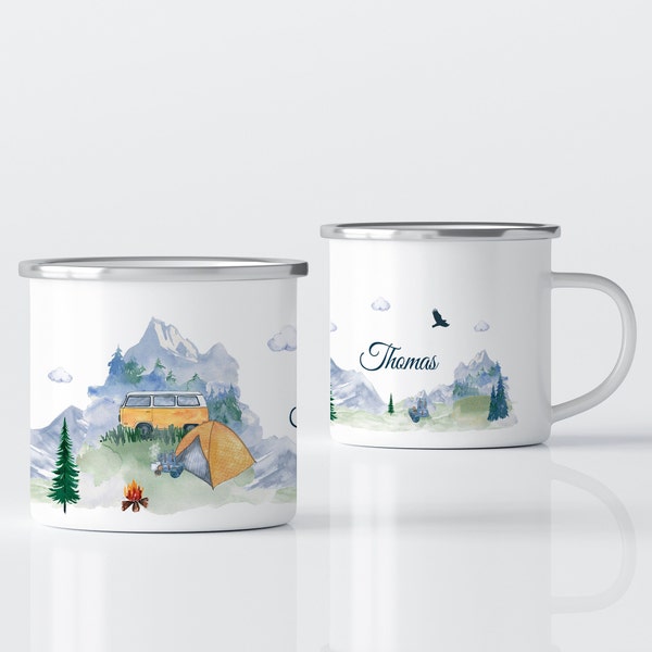 Emaille Tasse / Camping Becher mit Personalisierung / Becher personalisiert beidseitig / Camping Reisen