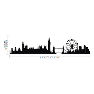 May include: Black and white silhouette of the London skyline, including Big Ben, the London Eye, and Tower Bridge. The skyline is 98 inches wide and 22 inches tall.